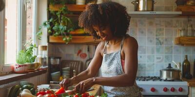 woman chopping vegetables in the kitchen photo