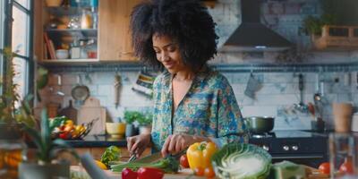 woman chopping vegetables in the kitchen photo