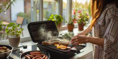 woman bakes meat on the grill in the kitchen photo