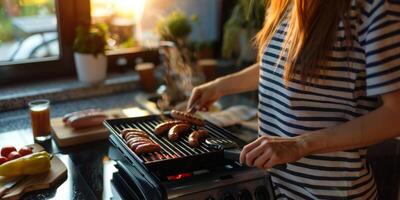 mujer hornea carne en el parrilla en el cocina foto