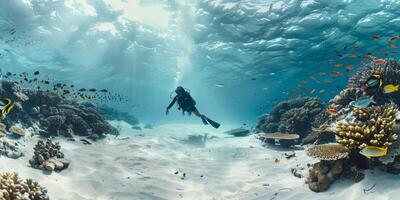 female diver swims among fish and coral photo