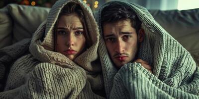 the couple was cold and dressed warmly at home photo