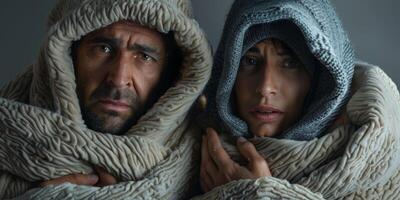 the couple was cold and dressed warmly at home photo