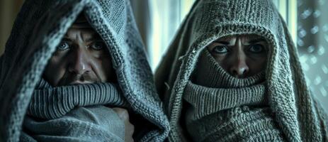 the couple was cold and dressed warmly at home photo