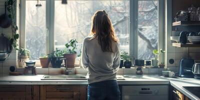 woman stands in the kitchen and looks out the window photo