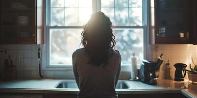 woman stands in the kitchen and looks out the window photo