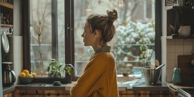 woman stands in the kitchen and looks out the window photo