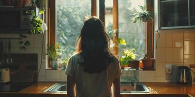 woman stands in the kitchen and looks out the window photo