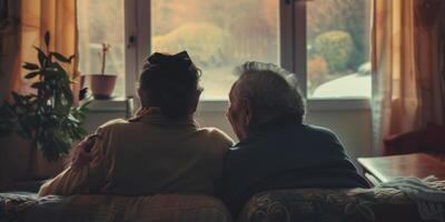 elderly couple on the sofa at home photo