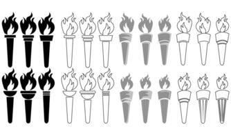 Collection of Olympic style torch designs in both silhouette and outline on a white background vector