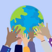 Diverse groups of people's hands holding the Earth with text banner Save the Planet, ecology or climate concept vector