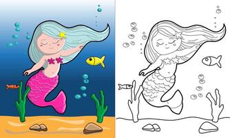 Cartoon mermaid colouring page both outlined and coloured in versions vector