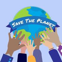 Diverse groups of people's hands holding the Earth with text banner Save the Planet, ecology or climate concept vector