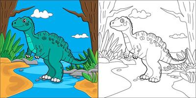 Cute cartoon dinosaur colouring page both outlined and coloured in versions vector