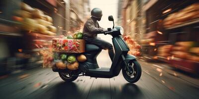 bienes y comida alrededor el ciudad en un motocicleta foto