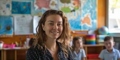 woman teacher in class with students in the background photo