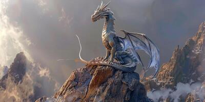 fairytale dragon on a snowy peak photo