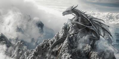 fairytale dragon on a snowy peak photo