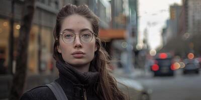 mujer en un ciudad calle de cerca retrato foto