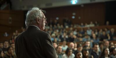 professor in audience in front of students photo