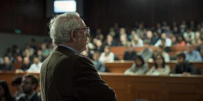 profesor en audiencia en frente de estudiantes foto