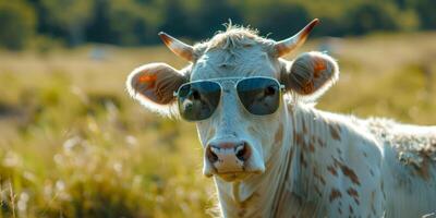 cow in sunglasses in the pasture photo