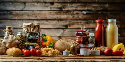 composición con natural comida productos en un de madera mesa foto