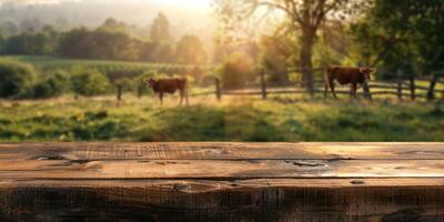 wooden table against the background of cows in the pasture photo