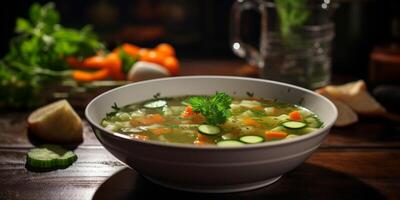 vegetable soup in a plate on a wooden table photo