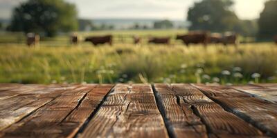 wooden table against the background of cows in the pasture photo