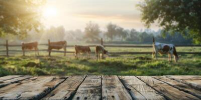 wooden table against the background of cows in the pasture photo