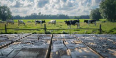 wooden table against the background of cows in the pasture photo