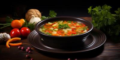 vegetable soup in a plate on a wooden table photo