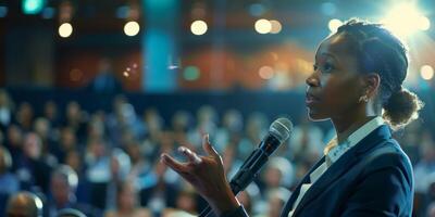 speaking on a podium with a microphone in front of an audience photo