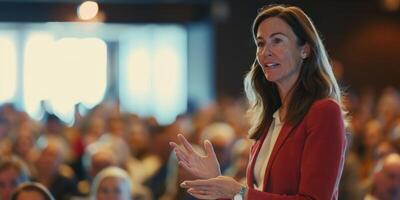 speaking on a podium with a microphone in front of an audience photo