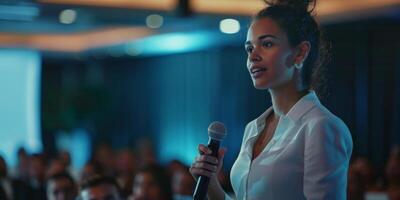 speaking on a podium with a microphone in front of an audience photo