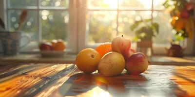 assorted fruits on the kitchen table photo