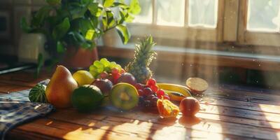 assorted fruits on the kitchen table photo