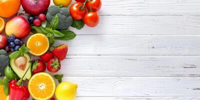 vegetables and fruits on a white wooden table top view photo