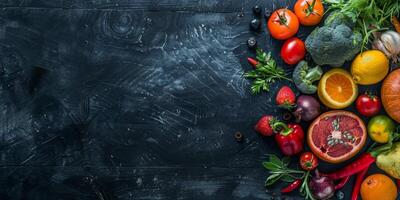 assorted fruits and vegetables on the table top view photo