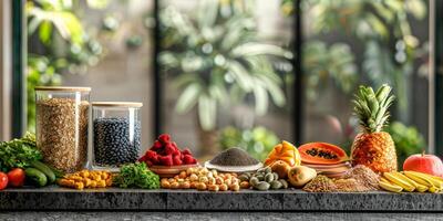 assorted fruits and vegetables on the table photo