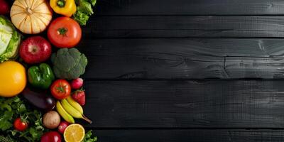 assorted fruits and vegetables on the table top view photo