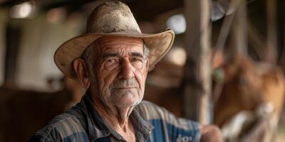 Farmer in front of cows in a stall photo