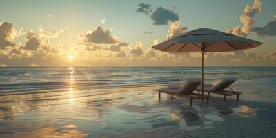 sun lounger and umbrella on the seashore at sunset photo