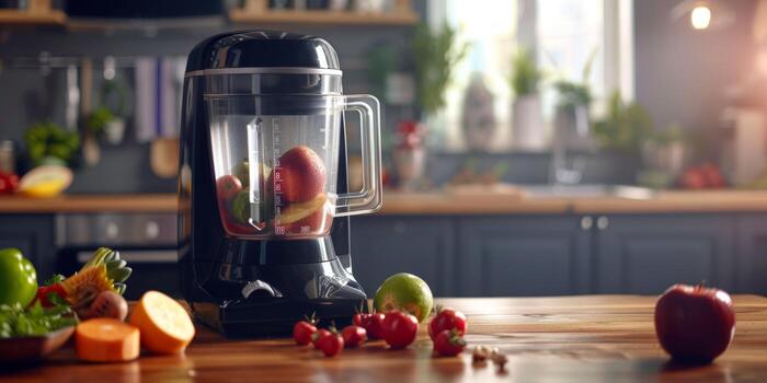 fruits and vegetables blender on the table photo