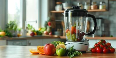 frutas y vegetales licuadora en el mesa foto