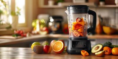 fruits and vegetables blender on the table photo