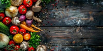 vegetables fruits mushrooms and spices on the table top view photo