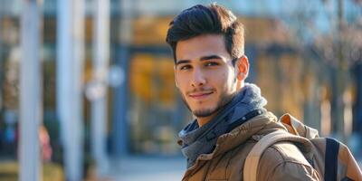 masculino estudiante con mochila foto