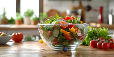 vegetal ensalada en un transparente plato en el cocina foto